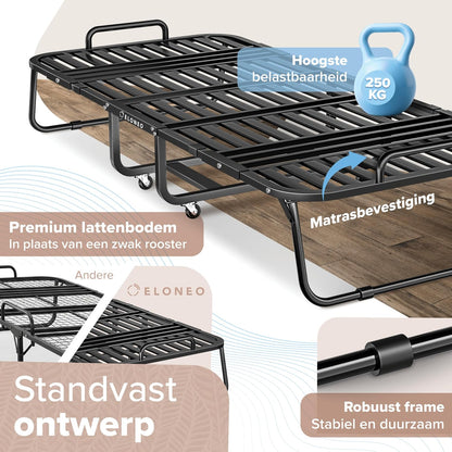 ELONEO Opklapbed 80x200 cm | Opvouwbaar logeerbed, belastbaar tot 250 kg | Opvouwbaar reisbed | Transportwielen | Beschermhoes