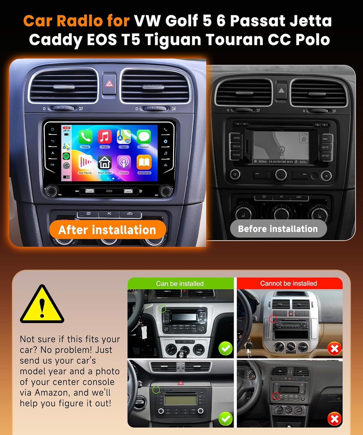 8 Kern 6G + 128G autoradio, Android 15 voor VW Golf 5 6 Passat Jetta Caddy EOS T5 Tiguan Touran CC Polo, 7 inch IPS touchscreen met draadloos Carplay Android Auto GPS Wi-Fi Bluetooth USB FM