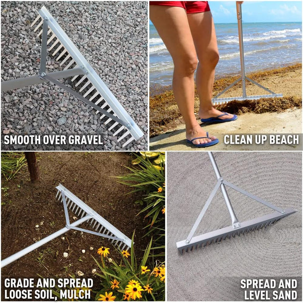 Tuinhark - Landschapshark - Bladharken - Screening Rake - 24 Tines - 24inch Head - 68inch Handvat - voor Strand - Gazon Onderhoud - Aluminium - Zilver