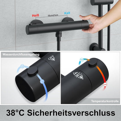 Thermostaat Douchesysteem – Douchekraan – Douchestangset – Doucheplank – Mengkraan – Veiligheidstemperatuur 38°C – Roestvrij Stalen Douchestang 70 cm Mat Zwart