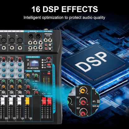 Audio Mixer – 6-Kanaals Mengpaneel – DJ-Mixer – Audiomixer – Mengtafel – 16 DSP-Effecten – USB/Bluetooth – 48V Fantoomvoeding