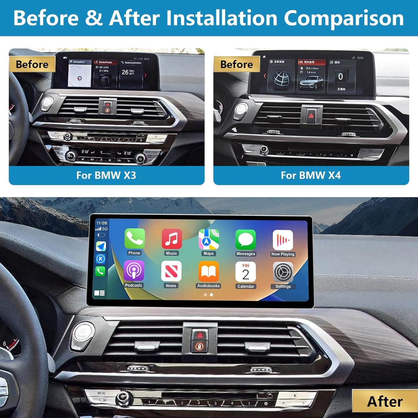 Autoradio 12,3 Inch Touchscreen – Navigatiesysteem – Multimedia Speler – Infotainment Scherm – Auto Headunit – Draadloze Apple CarPlay – Hoge Resolutie 1920x720 Pixels