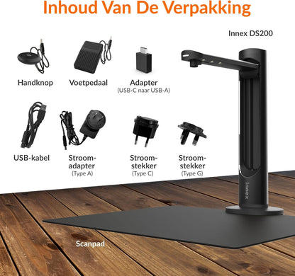 Innex DS200 USB-boekscanner, 26MP, A3-documentenscan, OCR 120+ talen, auto-vlak & uitlijnen, vingerverwijdering, microfoon & LED, handknop & voetpedaal, Win/MacOS