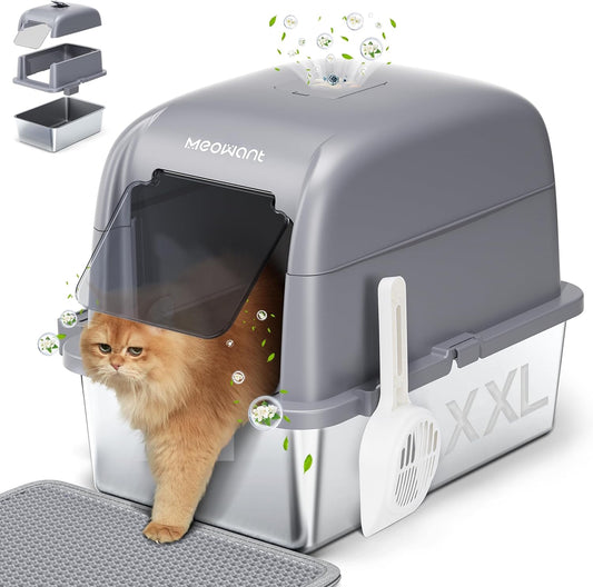 MeoWant Stainless Steel Cat Litter Box with Lid Front Entry Extra Large Metal Litter Box with Cat Litter and Bag and Mat Grey - QUORE