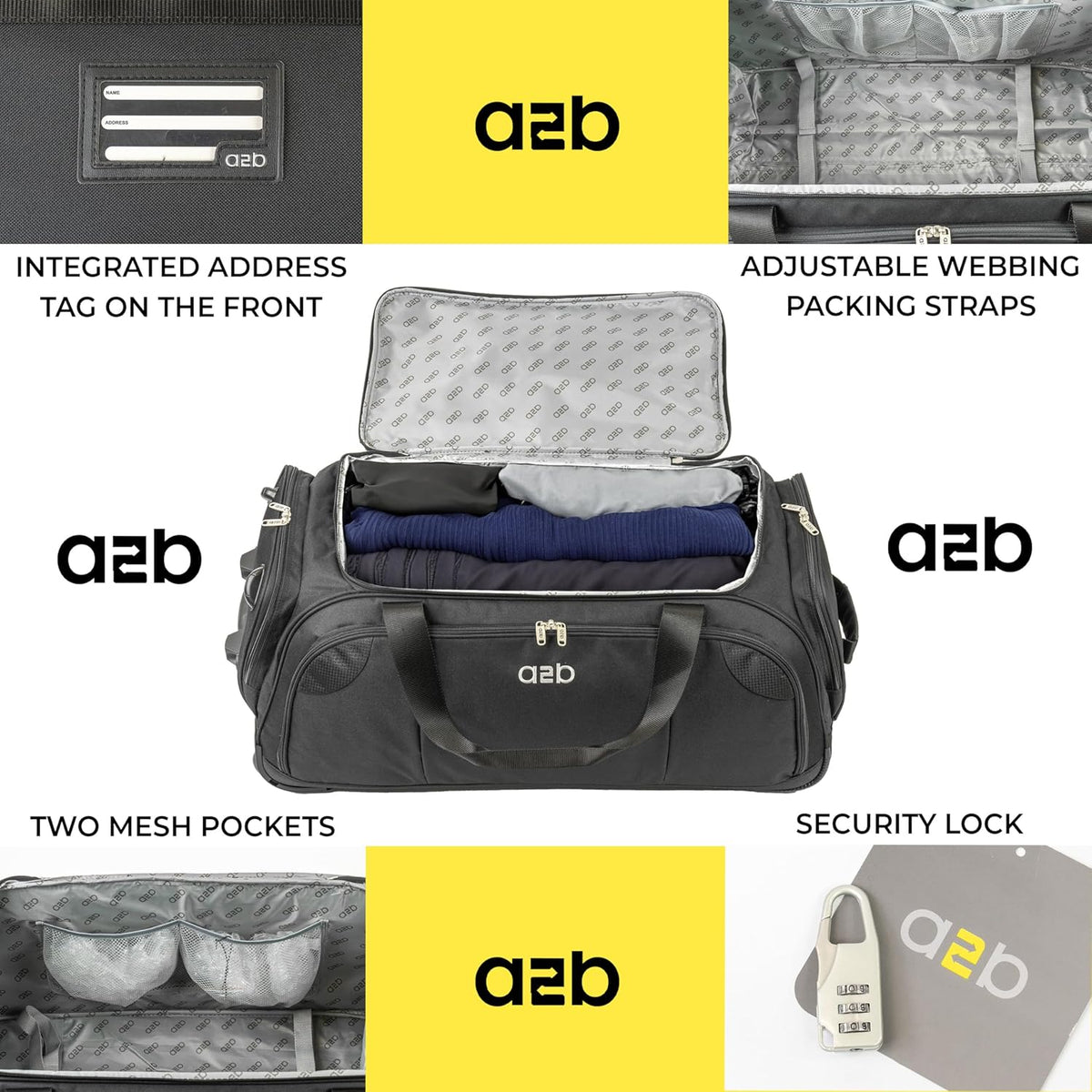 A2B Quest Lichtgewicht tas op wielen - Travel Duffle Bag met duurzame stress geteste wielen | Verstelbare riem, mesh zakken AB006, Zwart/Blauwgroen, L