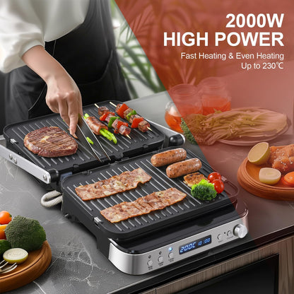 AMZCHEF 4-in-1 machine (contactgrill, Griddle, wafelijzer, sandwichmaker), 2000 W, met 4 afneembare platen met antiaanbaklaag, met vrij instelbare tijd en temperatuur, zwart en zilver