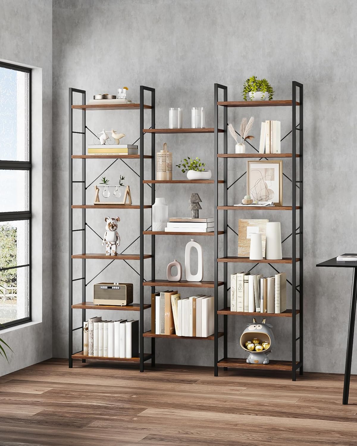Hzuaneri Bookshelves, Freestanding Shelves, 17 Shelves, 6 Layers, Adjustable Distance, 24 x 152 x 186 cm, Load Capacity 340 kg, Living Room, Office Vintage Brown-Black BC10101B