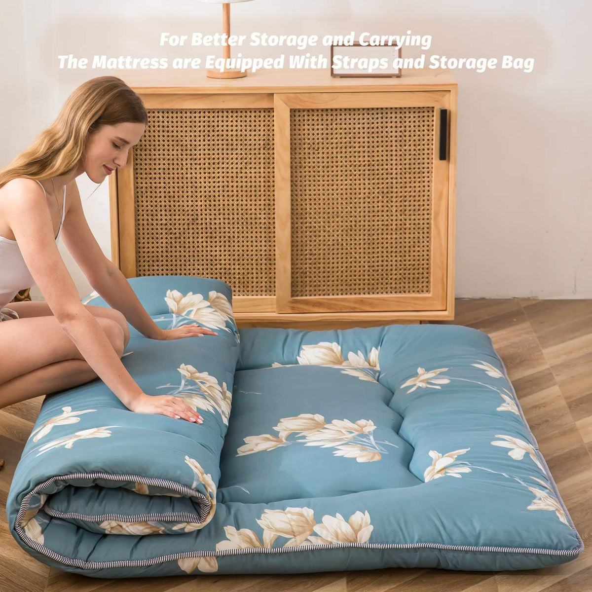 MAXYOYO Japanse vloermatras Futon-matras, dikker Tatami-mat slaapkussen opvouwbaar opklapmatras slaapzaal matraskussen vloer ligbed kussen bed (blauwe bloem, enkel)
