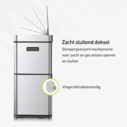 EKO Mirage Prullenbak met sensor 60 L (15+15+30 L), afvalscheiding 3 vakken, recycle afvalbak met automatisch deksel, RVS afvalemmer, 3 binnenemmers, softclose, vuilnisbak, afvalscheidingssysteem