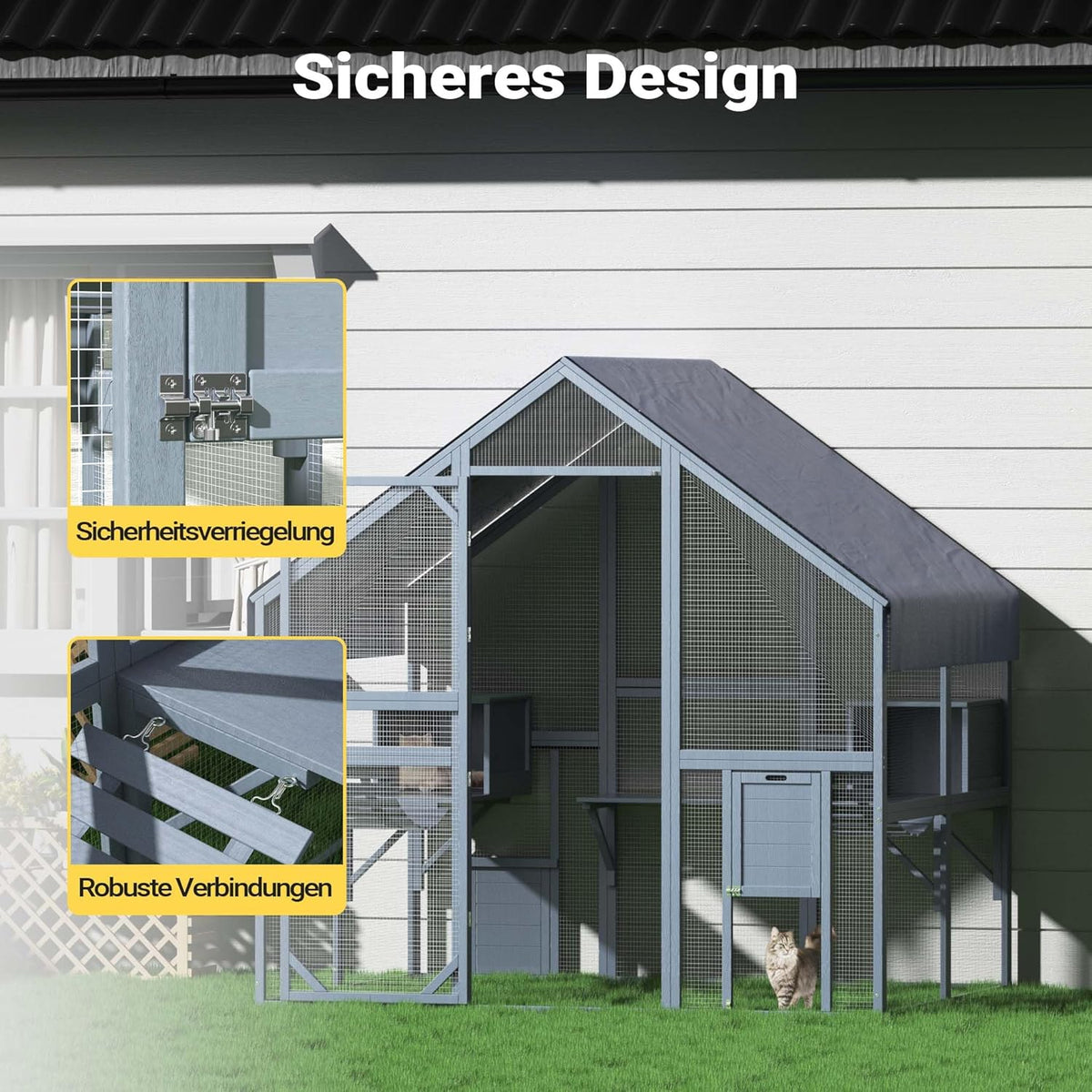 Wiltec kattenren 140 x 187 x 187 cm, buitenverblijf voor katten, speelkooi van dennenhout, kattenkooi voor speelruimte voor katten en huisdieren, kattenvolière met waterdicht dak