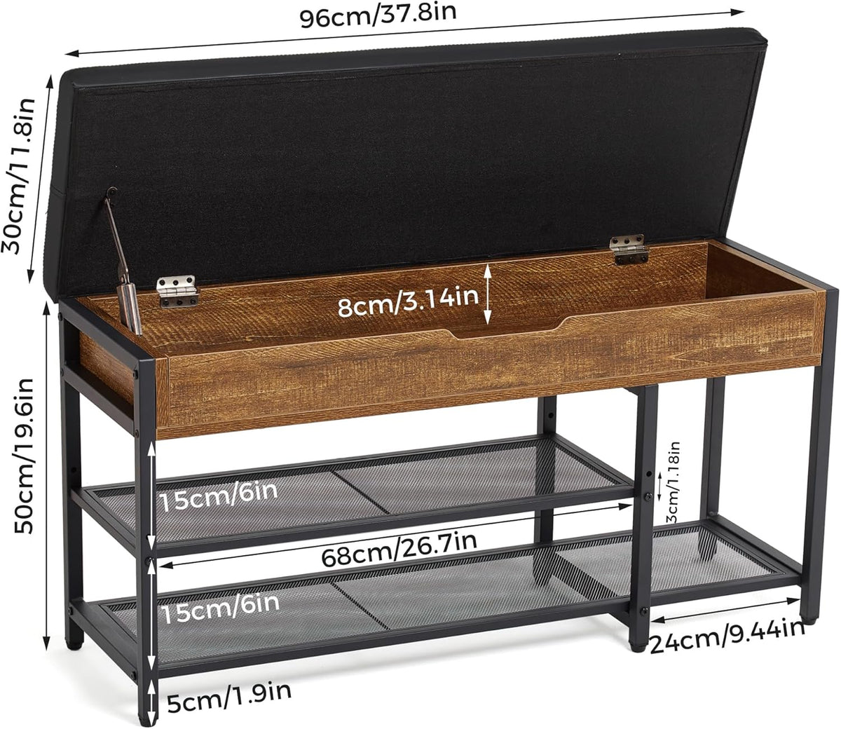 Mondeer Schoenbank, Metaal, Rustiek Bruin & Zwart, 96 x 30 x 50 cm