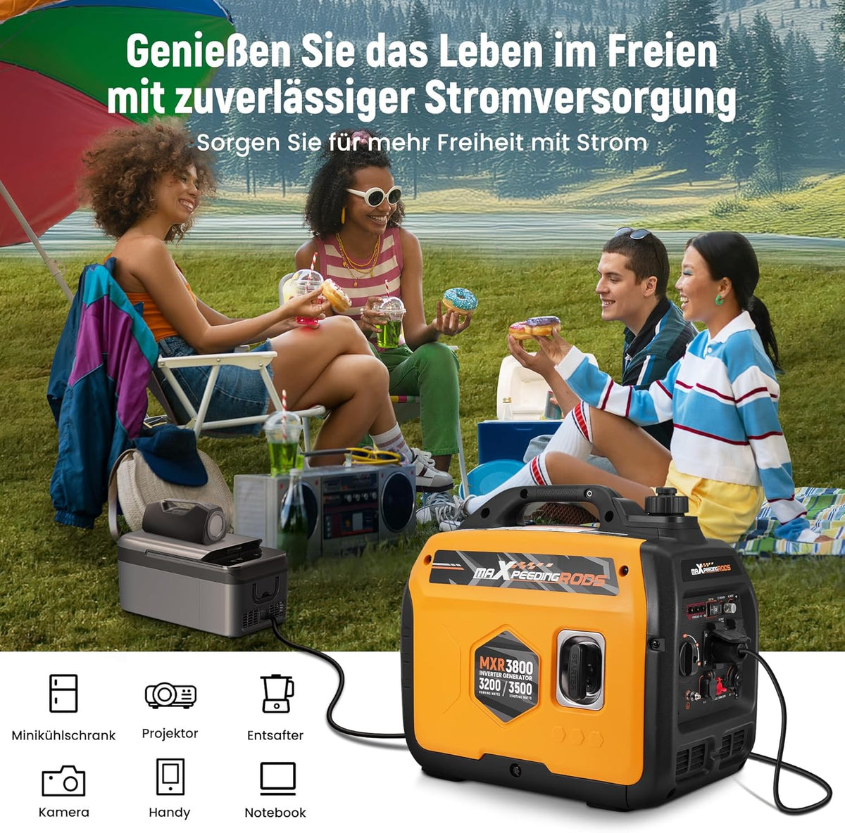 maXpeedingrods Inverter, stroomgenerator, 3500 W, superstil, licht en mobiel, noodstroomaggregaat, stroomgenerator, ECO-modus met 2 x 230 V/2 x USB/1 x 12 V DC stopcontacten voor RV camping festivals
