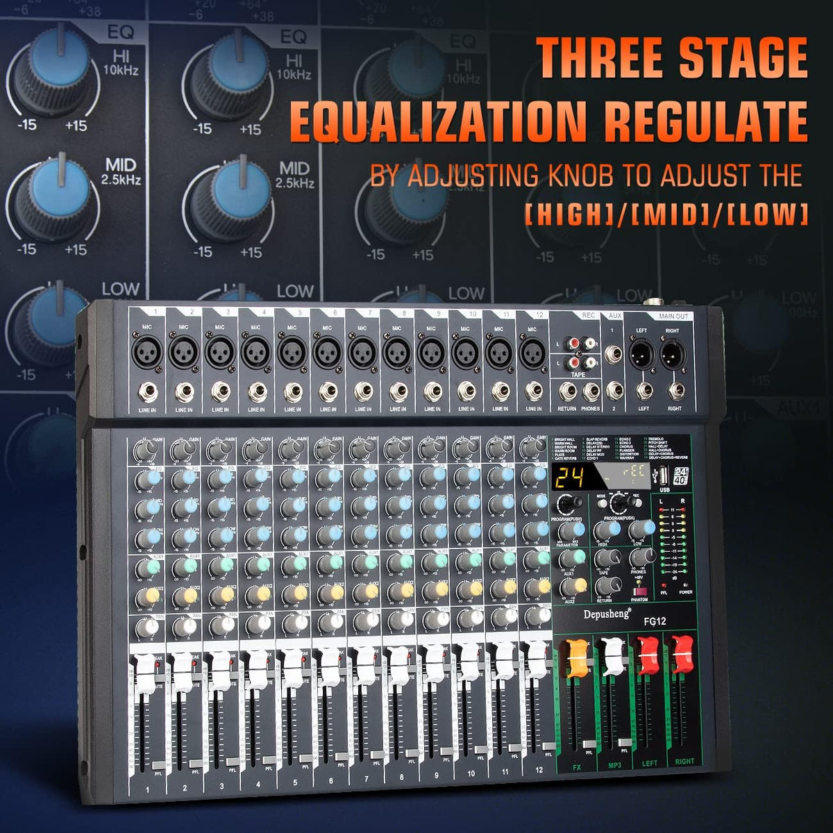12-Kanaals Audiomixer – Mengpaneel – Geluidsmixer – Audio-Mixer – Studiomixer – USB-Aansluiting voor PC en Mac – 24 DSP-Effecten