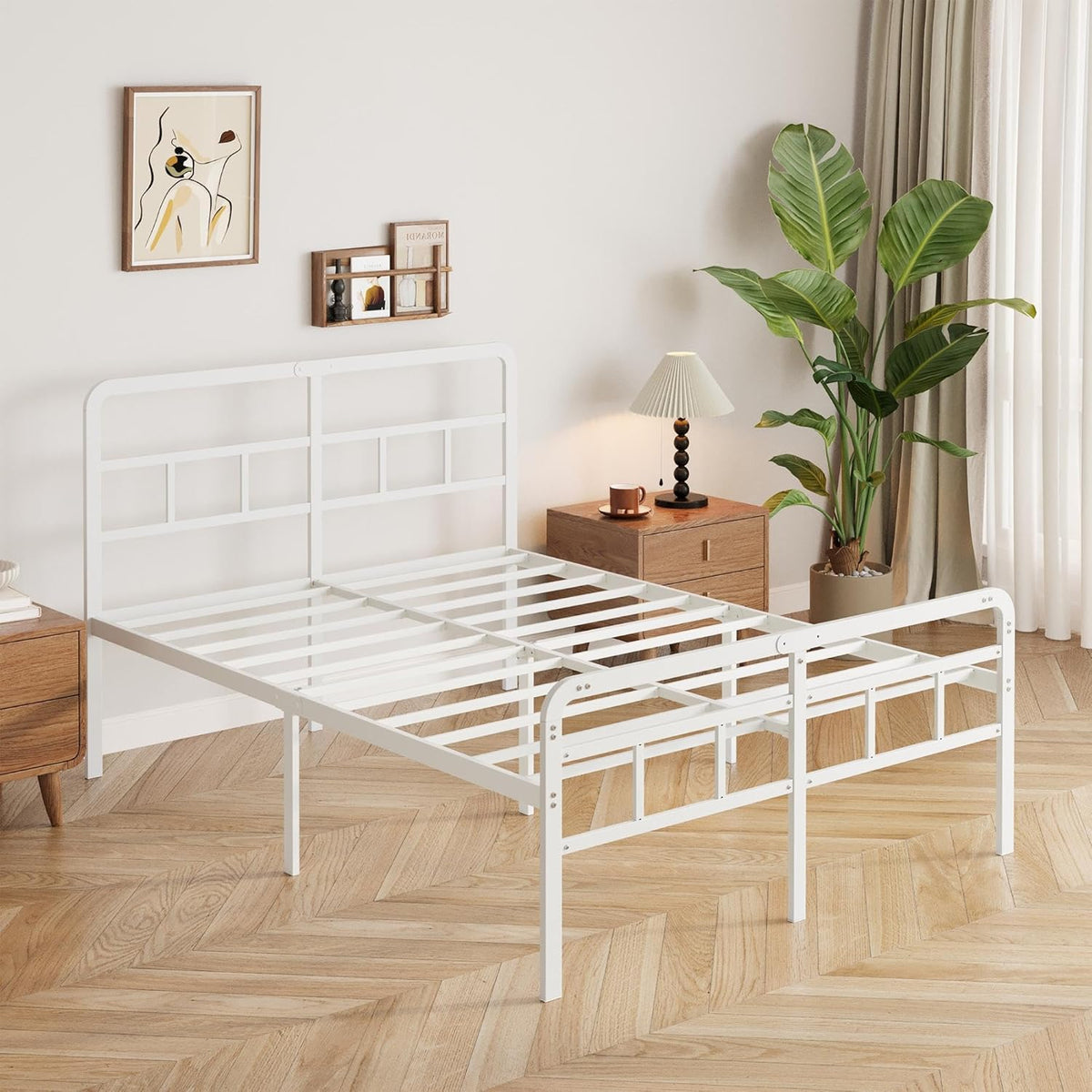 Bedframe 160 x 190 met Hoofdbord en Voeteneind, 46 cm Hoogte Metaal Tweepersoonsbed met Zware Metalen Lattenbodem, Minimalistisch Ontwerp, Eenvoudig te Monteren, Geluidsarm, Wit