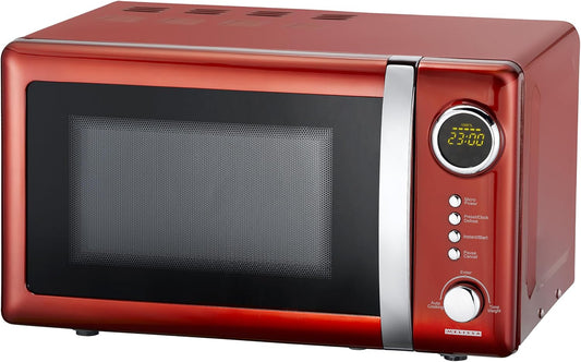Melissa 16330109 Classico Magnetronoven, retrodesign, metalen behuizing, 20 liter ovenruimte, 700 watt magnetronvermogen, timer, 5 standen, rood metallic