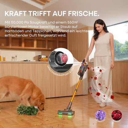KIPMAX Accustofzuiger, 50000 Pa/550 W/70 min, 1,5 l, draadloze stofzuiger met display, anti-klitborstel, 7-laags filtra en 2 geurplaten, zelfstaande accustofzuiger voor tapijten, dierenharen, harde