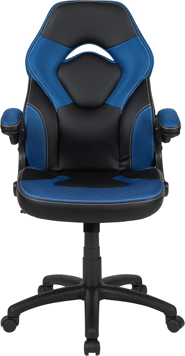 Flash Furniture X10 Gamingstoel, ergonomische bureaustoel voor pc- en gaming-setups, verstelbare gamerstoel met rugsteun, LeatherSoft, blauw/zwart - QUORE