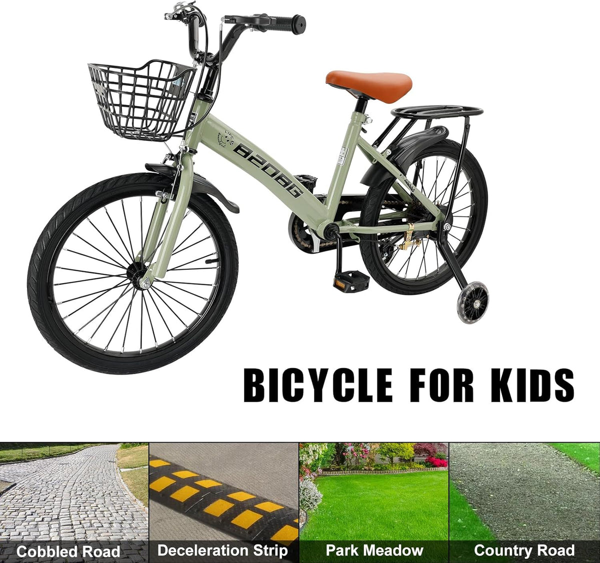 Kinderfiets, 45,7 cm (18 inch), hoogwaardig koolstofstalen frame, verstelbare zitting en stuur, dubbele remmen, geïntegreerde naven, afneembare mand, steunwielen, comfortabel zadel, jongens