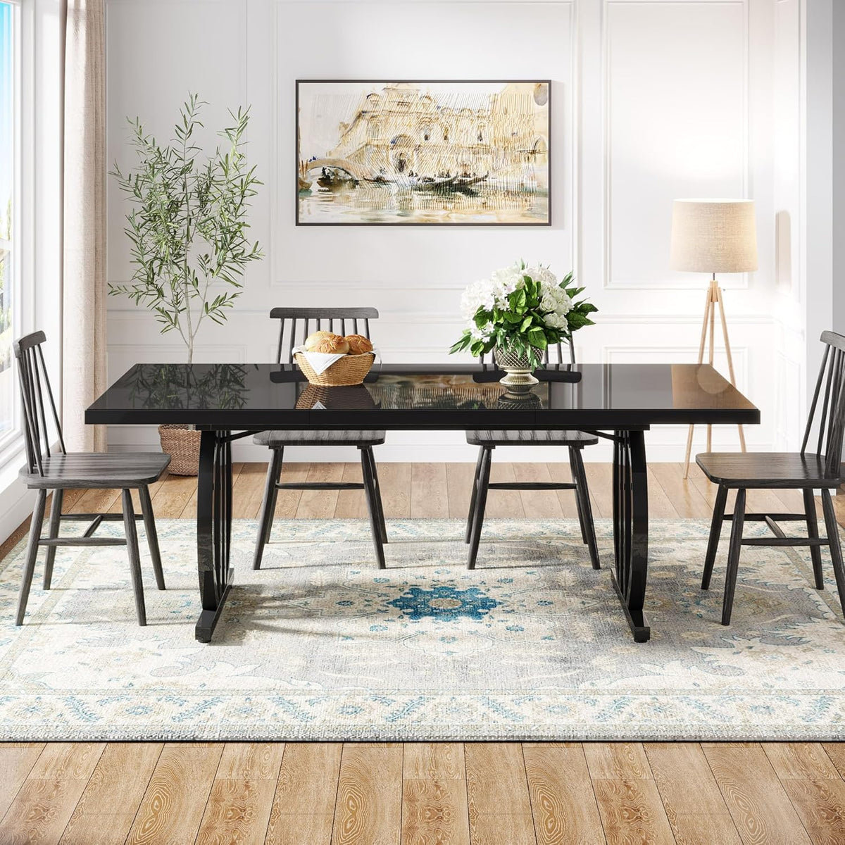 Tribesigns Black Dining Table for 4-6 People, 160 cm Rectangular Kitchen Table with Strong Metal Frame, Modern Industrial Kitchen and Dining Room Furniture