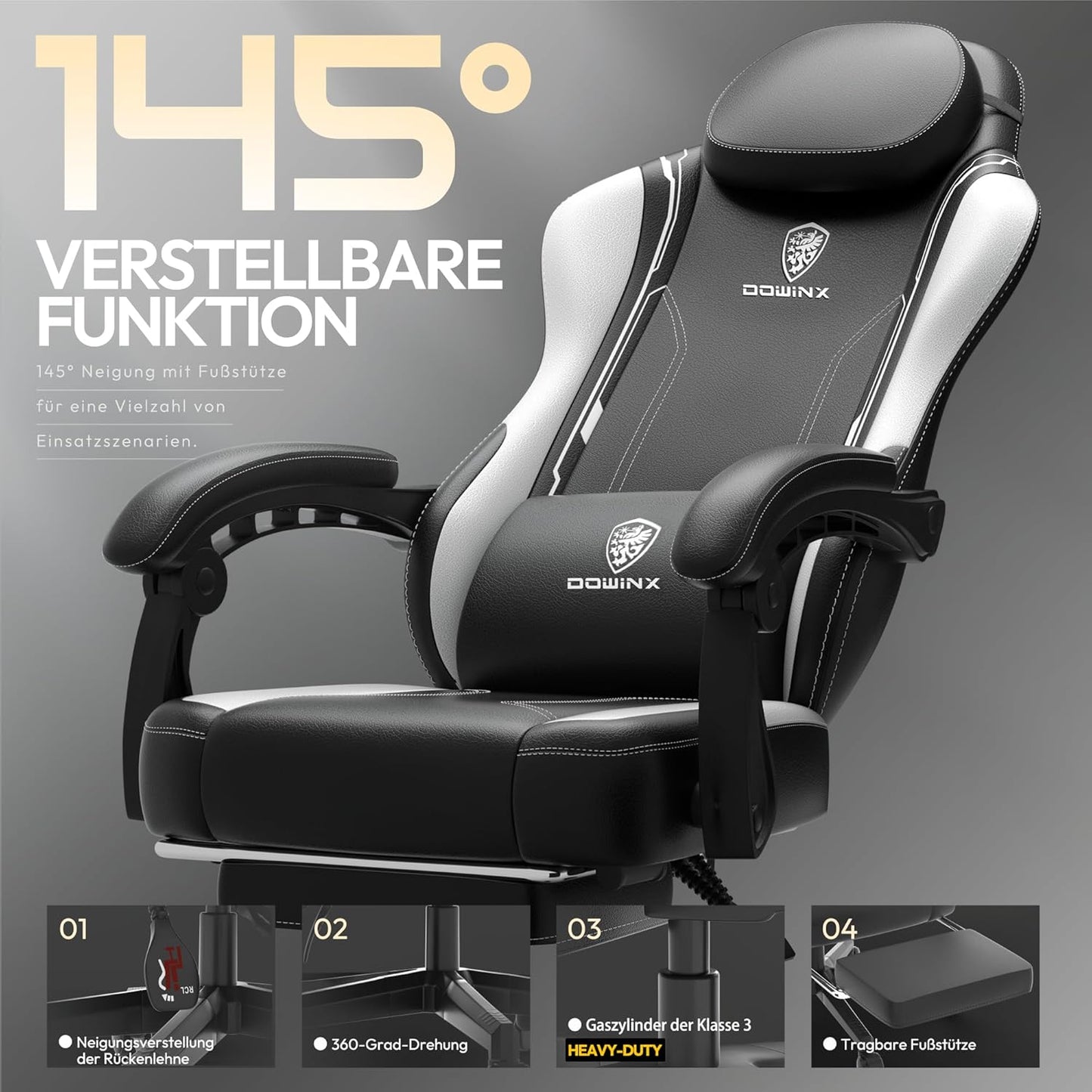 Dowinx Gaming Chair, Ergonomic PU Leather Gamer Chair with Lumbar Support, PC Chair with Widened Backrest, Maximum Load 150 kg, White - QUORE