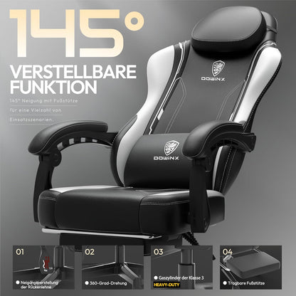Dowinx Gaming Chair, Ergonomic PU Leather Gamer Chair with Lumbar Support, PC Chair with Widened Backrest, Maximum Load 150 kg, White - QUORE