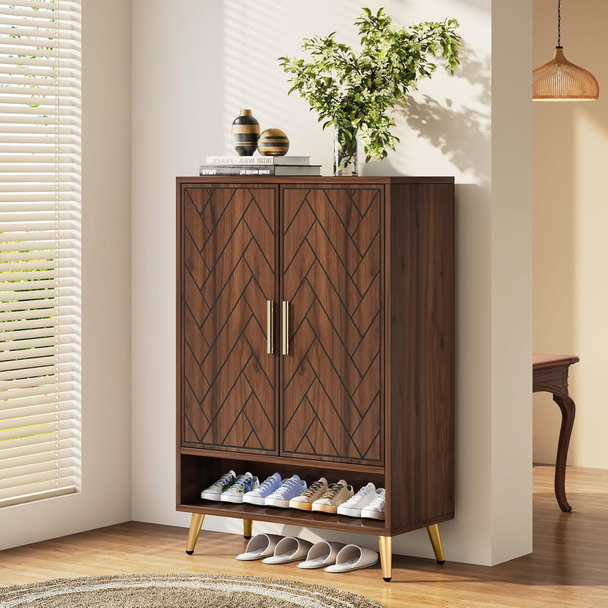 Tribesigns Shoe Cabinet with 2 Doors, 75 x 37 x 110 cm, Shoe Rack for 25 Pairs Shoes, Shoe Tipper Slim Wooden Shelf Organizer for Entrance, Hallway Closet, Living Room (Walnut)