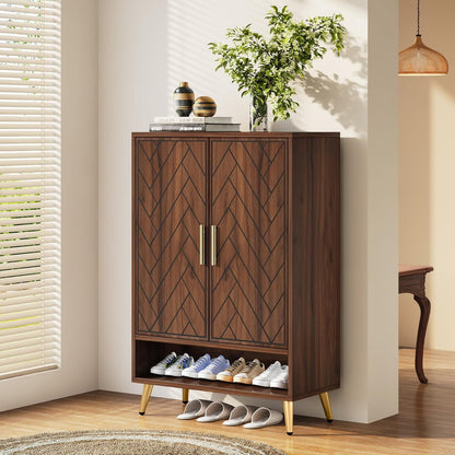 Tribesigns Shoe Cabinet with 2 Doors, 75 x 37 x 110 cm, Shoe Rack for 25 Pairs Shoes, Shoe Tipper Slim Wooden Shelf Organizer for Entrance, Hallway Closet, Living Room (Walnut)