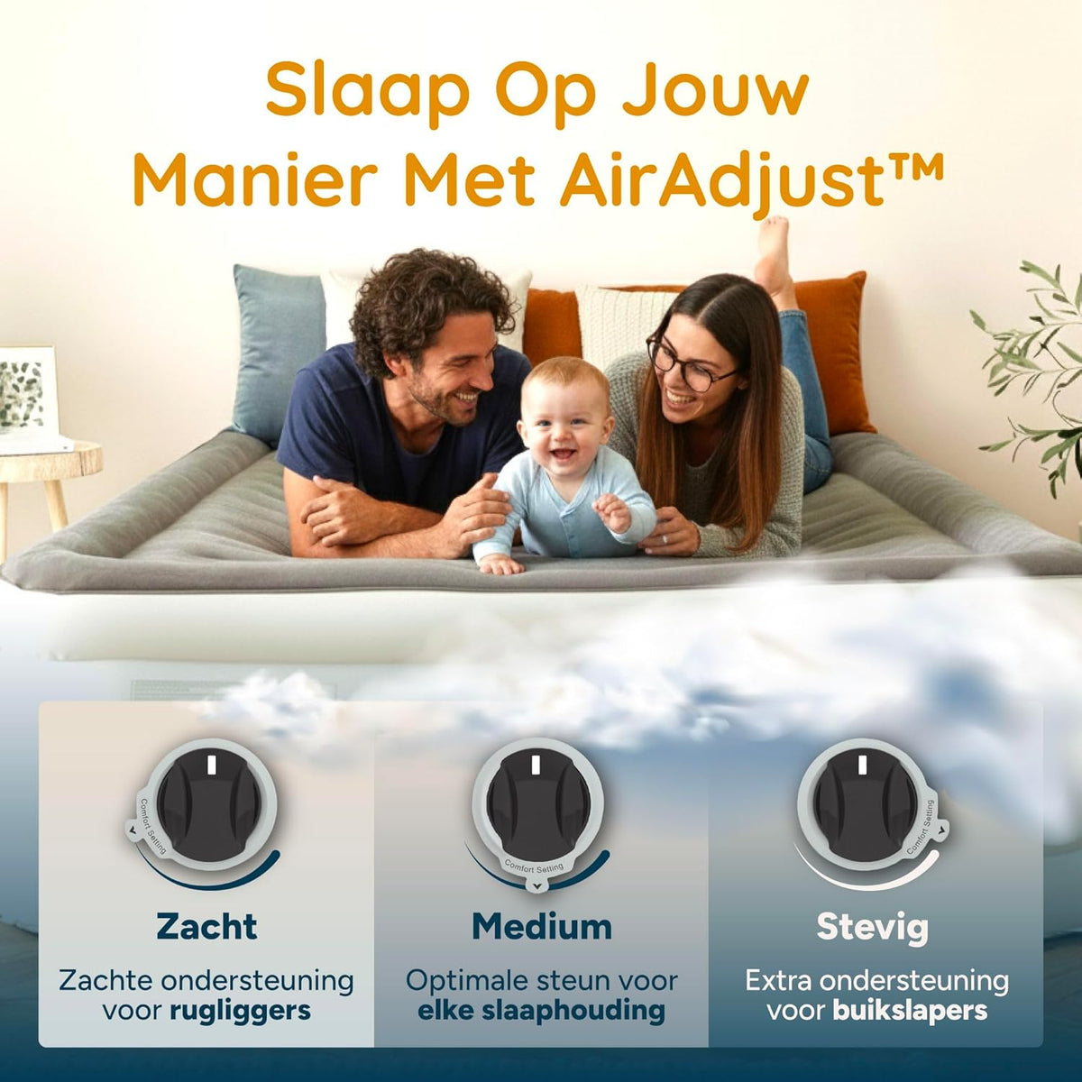 Huddle® NEVER DEFLATE™ Luxe King-size Luchtbed, Good Housekeeping 2025-winnaar, met Dual Pump SlumberGuard™ Technologie, instelbare stevigheid, ingebouwde pomp en USB-nachtlampje.