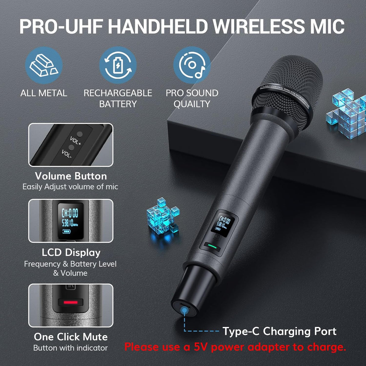 TONOR Draadloze Microfoon, Dynamische Handmicrofoon Inalambrico UHF-Microfoon, 2x100 Draadloos Microfoonsysteem, 6,35 mm / 3,5 mm, 80m Bereik Zingen Karaoke kerk Partij DJ, TW550
