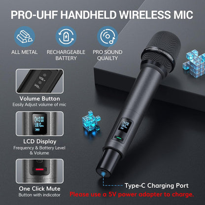 TONOR Draadloze Microfoon, Dynamische Handmicrofoon Inalambrico UHF-Microfoon, 2x100 Draadloos Microfoonsysteem, 6,35 mm / 3,5 mm, 80m Bereik Zingen Karaoke kerk Partij DJ, TW550