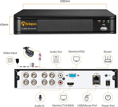 Anlapus 8-kanaals 1080P HD DVR netwerk video recorder recorder met 1TB harde schijf, ondersteunt TVI/CVI/AHD/960H 720P 1080P CCTV-systeem