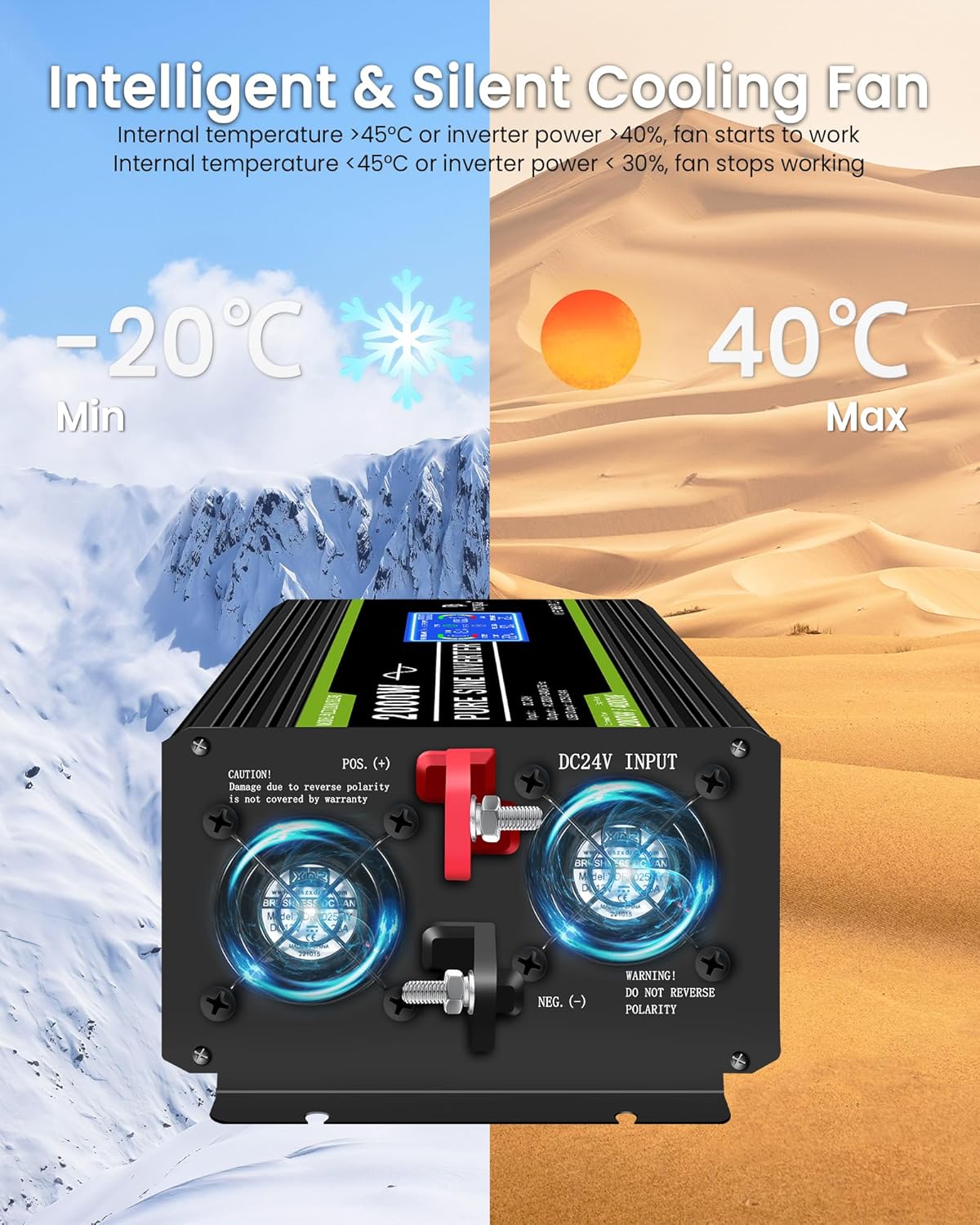 Novopal Pure Sinus Omvormer 2000W 24V naar 230V 240V Auto Converter Omvormer met LCD Display 2AC Outlets En USB Port-Afstandsbediening voor campers, Vrachtwagen, Boot, camping, huishouden, Van