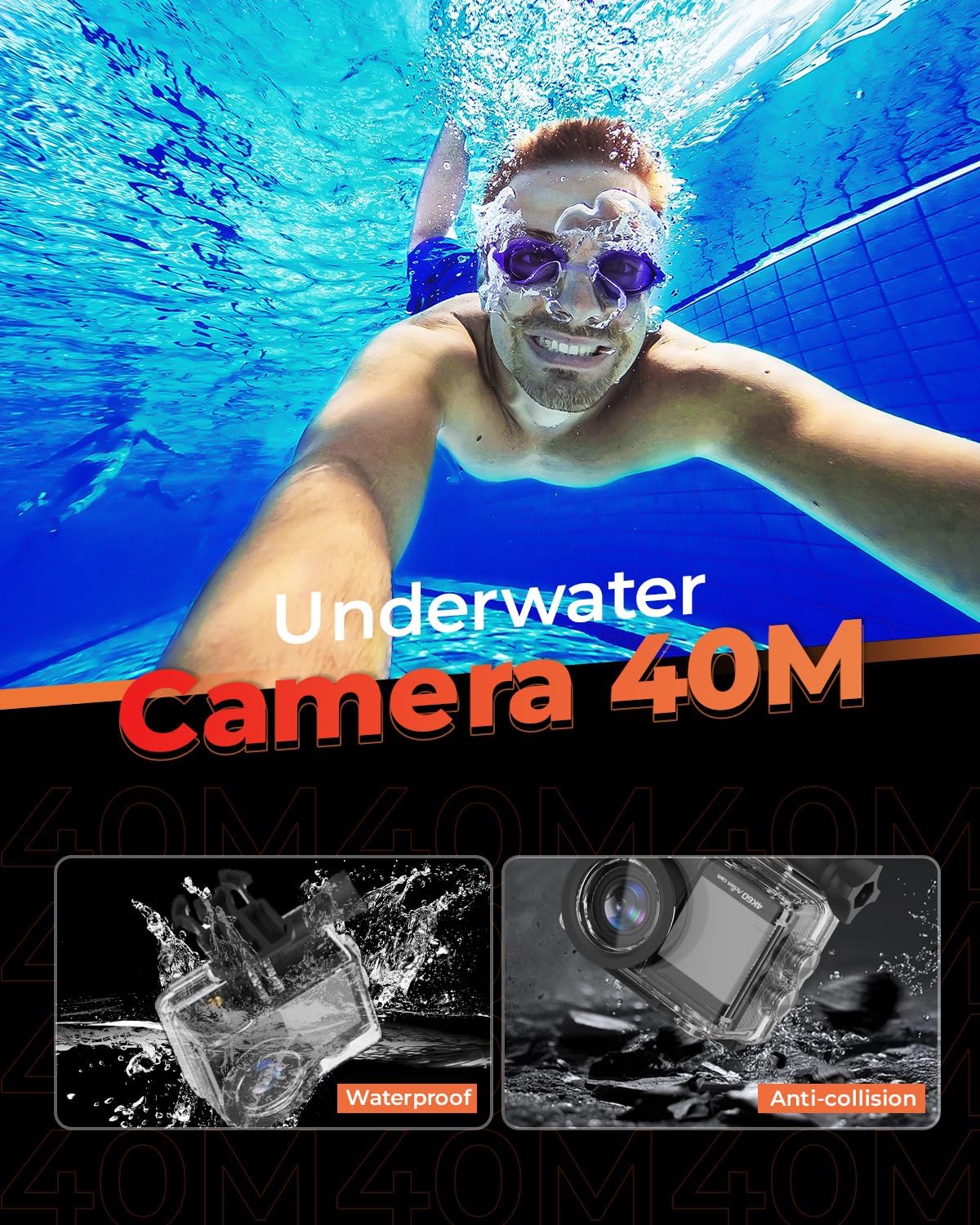 4K 60FPS Touchscreen Actiecamera met 64 GB SD-kaart, Dual Screen Pre-Recording 24MP Onderwatercamera 131FT Waterdichte Camera's 170° Sportcamera's met 2 x 1350 mAh Batterijen Helm Accessoires Kit