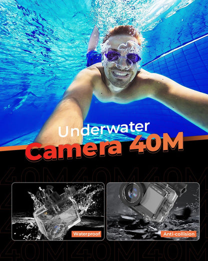 4K 60FPS Touchscreen Actiecamera met 64 GB SD-kaart, Dual Screen Pre-Recording 24MP Onderwatercamera 131FT Waterdichte Camera's 170° Sportcamera's met 2 x 1350 mAh Batterijen Helm Accessoires Kit