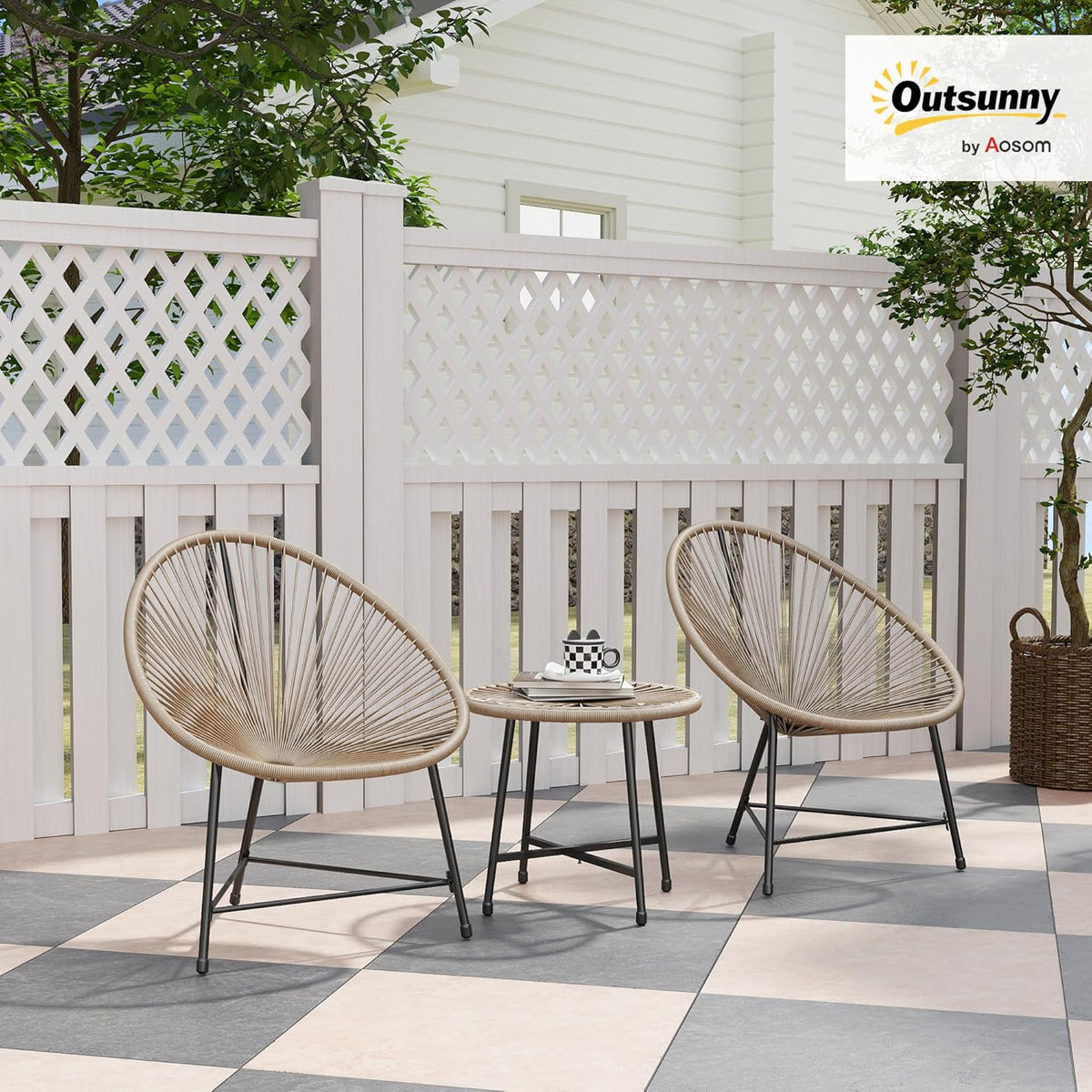 Outsunny Polyrattan Gartenmöbel Set, Outdoor Lounge Balcony for 2 Persons, 3-teilig Sitzgruppe mit 2 Stühle, Tisch, wetterfest Gartenlounge für Garten, Terrasse Balcony, Naturholz - QUORE