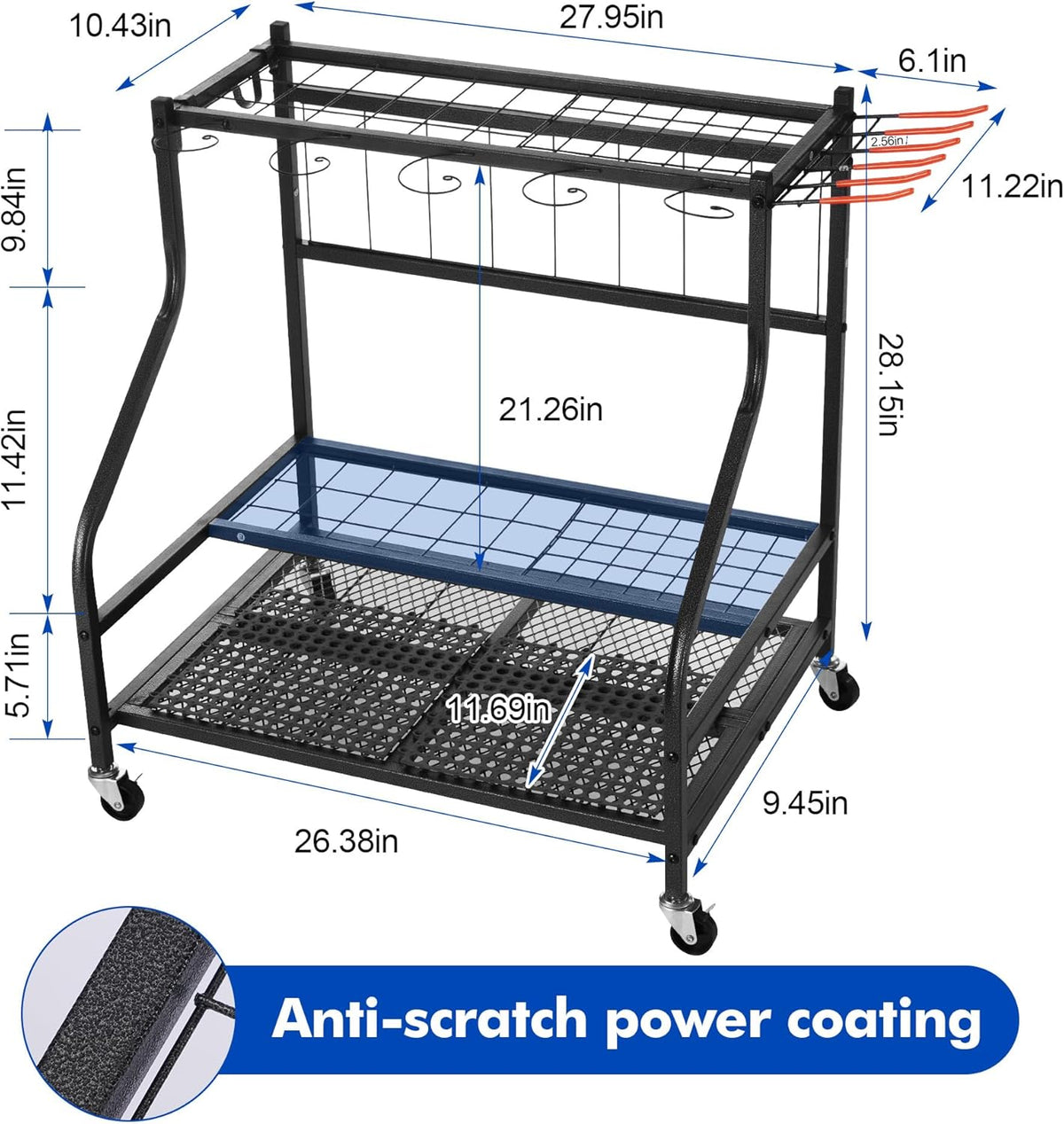 Tuingereedschap Opbergen - Gereedschapsorganizer - Tuingereedschapsrek - met Haken - Wielen - 3-tier Metalen Utility Planken - Opslag Houder - voor Gazon - Schuur - Garage - Tuin - 71 x 26.5 x 71.5 cm - Zwart