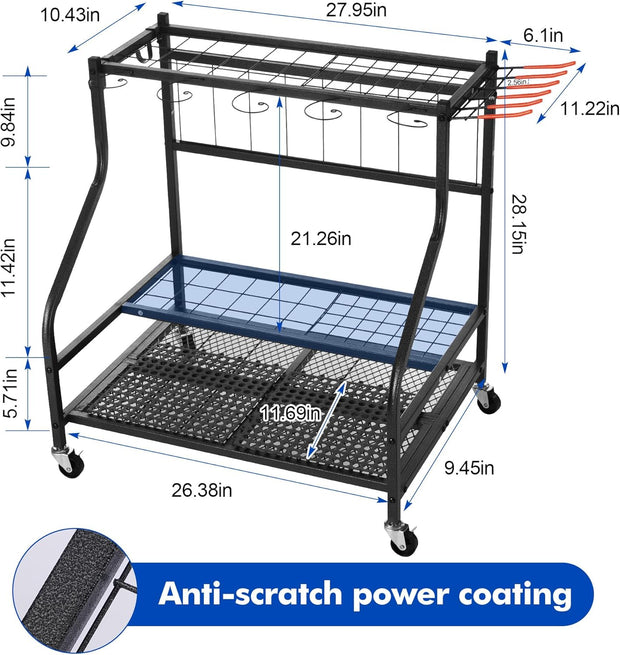 Tuingereedschap Opbergen - Gereedschapsorganizer - Tuingereedschapsrek - met Haken - Wielen - 3-tier Metalen Utility Planken - Opslag Houder - voor Gazon - Schuur - Garage - Tuin - 71 x 26.5 x 71.5 cm - Zwart