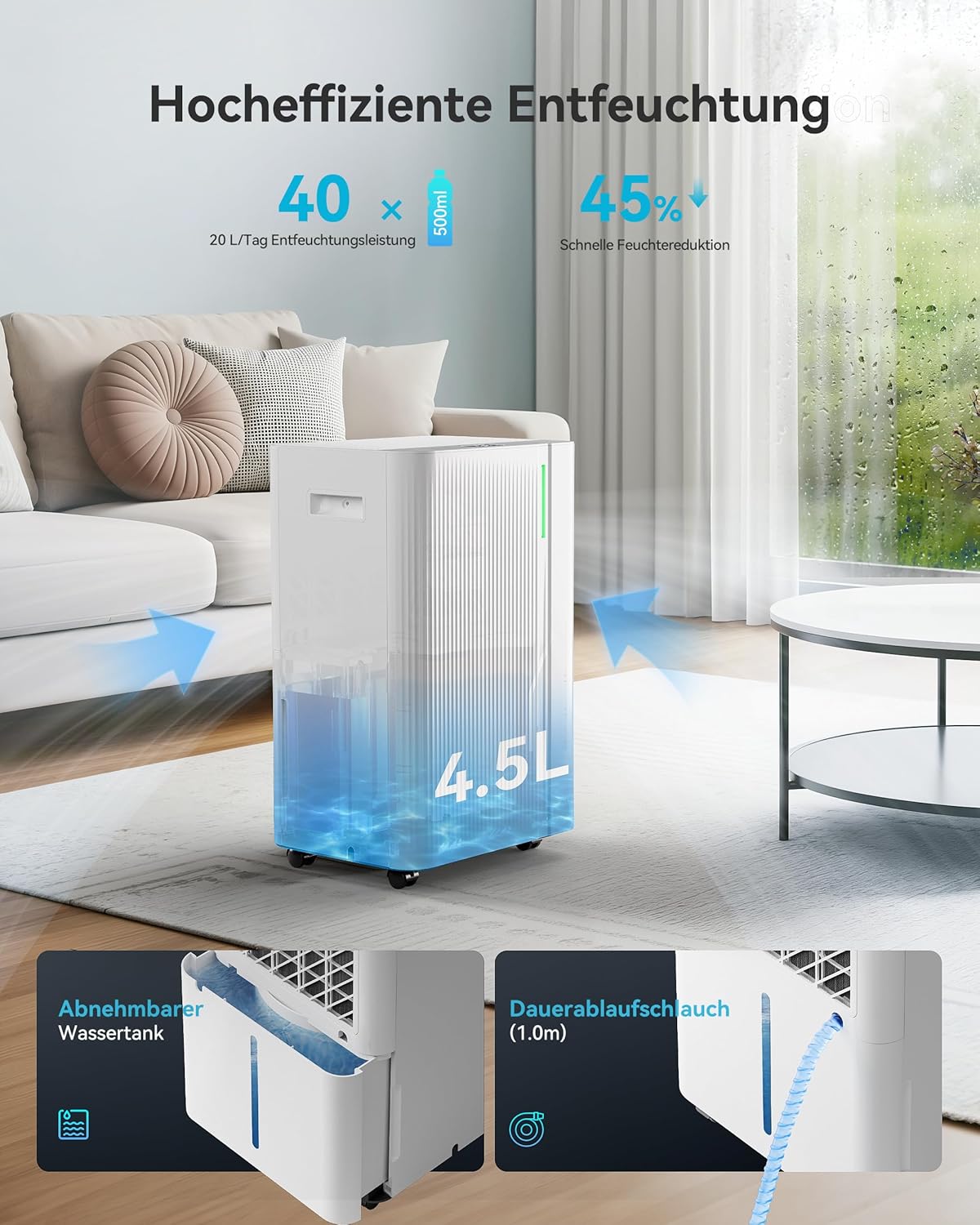 EUHOMY Elektrische luchtontvochtiger 20 l/dag kelder met afvoerbuis, stille en energiezuinige luchtontvochtiger met automatische ontdooiing, timer, luchtontvochtiger voor