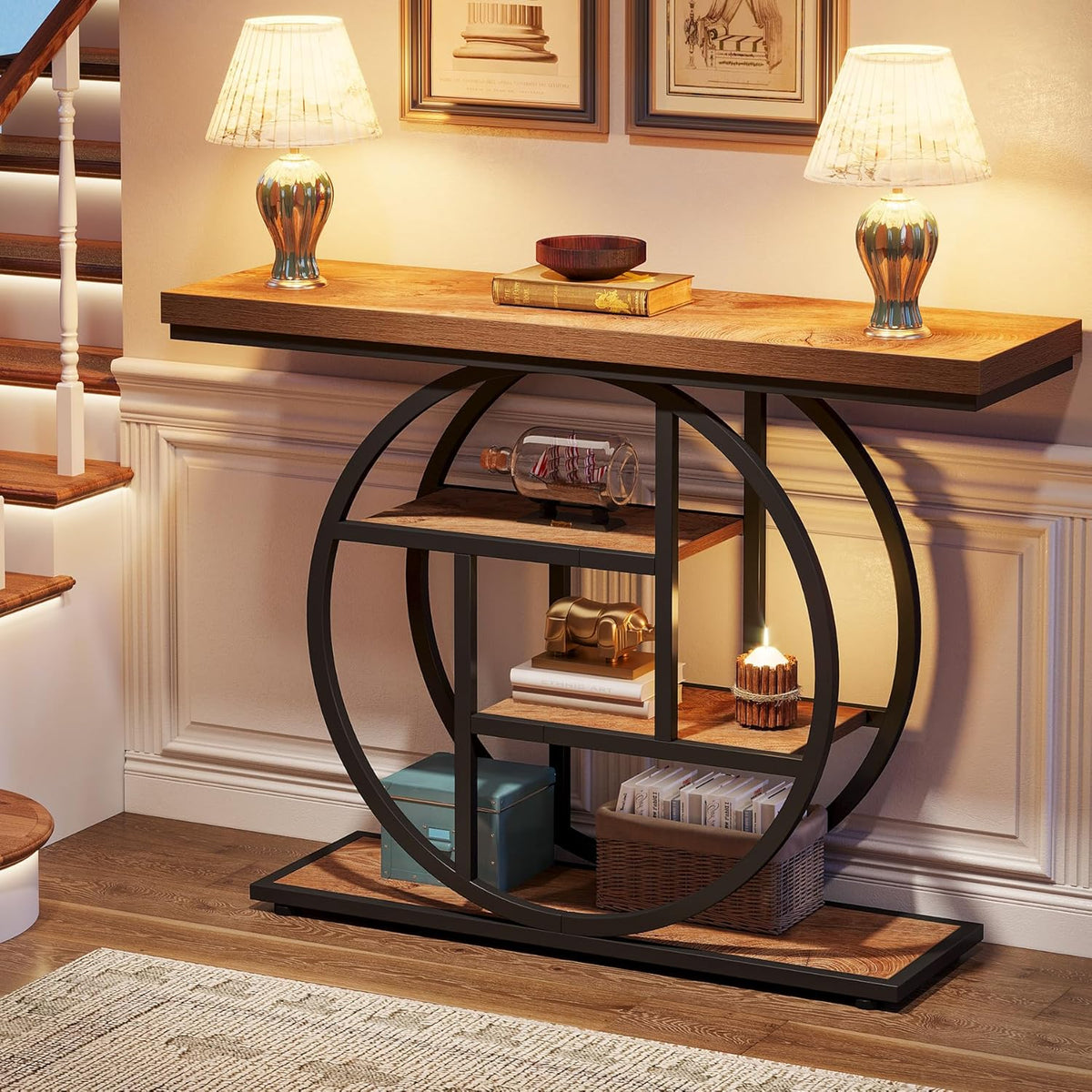 Tribesigns Console Table 105cm with 4 Levels, Narrow Industrial Sofa Table with Round Metal Frame, Wooden Entrance Table with Storage Racks for Living Room (Light Brown)