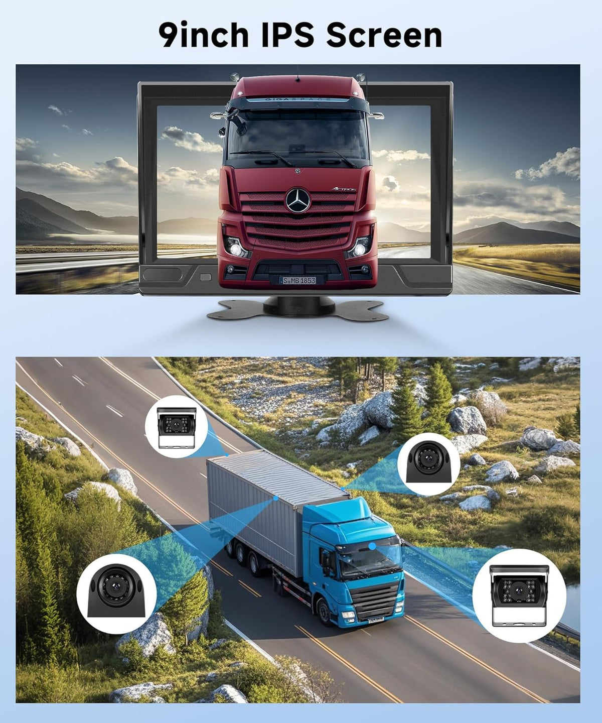 Rear View Camera 4 Cameras Set, 9 Inch Monitor 4 Split Screen, Rear View Camera IP68 Waterproof, Night Vision, DVR, Loop Video, Inversion Aid, for Truck/Bus/Motorhome/Trailer with 35 Meters - QUORE