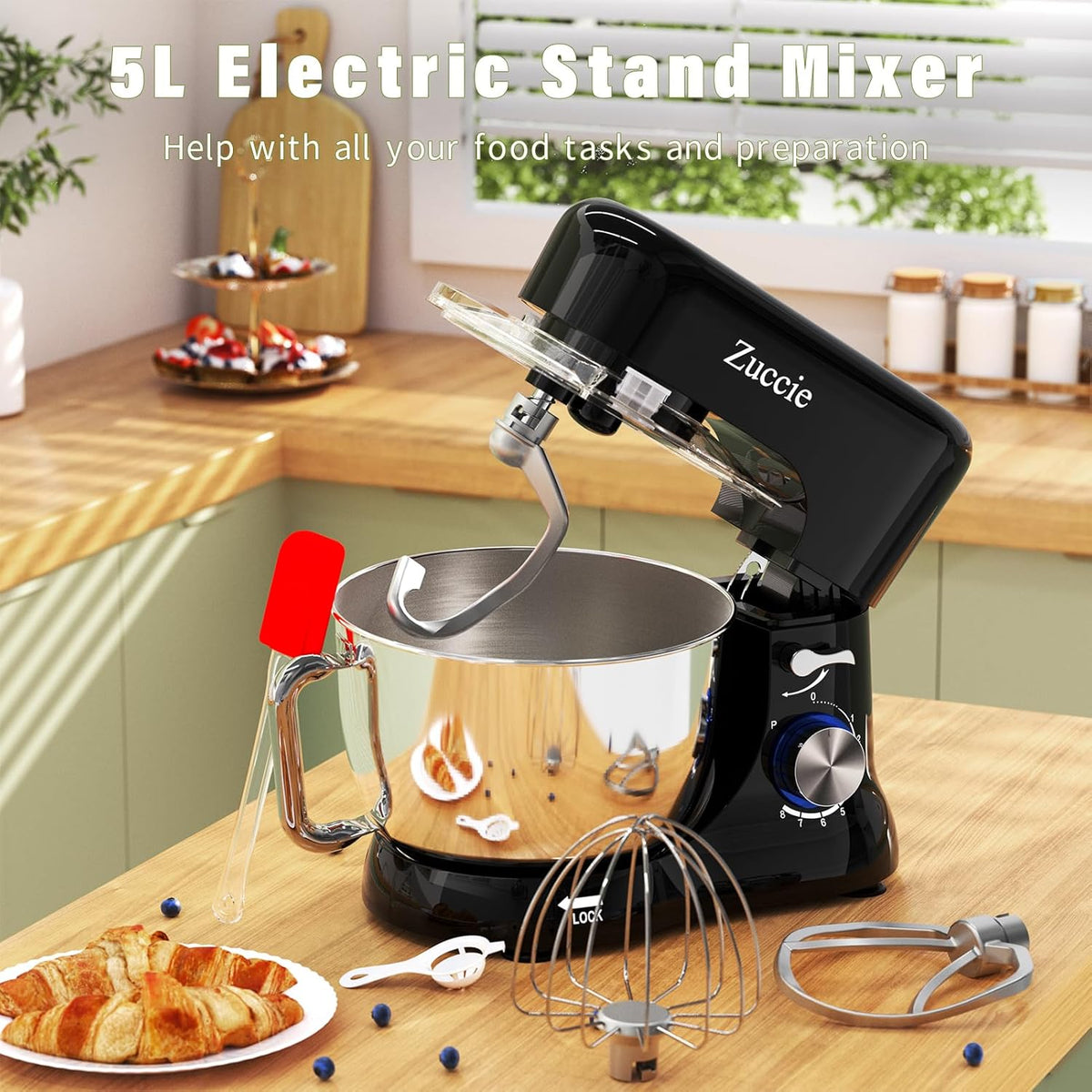 keukenmachine, stille roermachine, incl. 5 l roestvrijstalen kom, 3-menggereedschap, spatbescherming, deegschraper en eischeider, deegmachine met snelheid van 8 P (zwart)