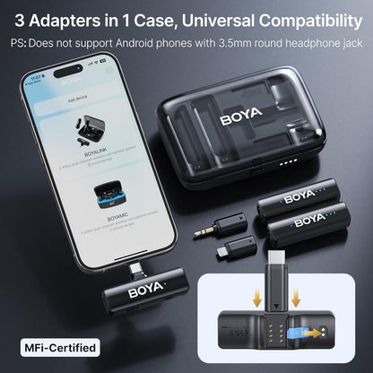 Boya Boyalink 3-in-1 draadloze lavalier-microfoon met USB-C/Lightning/3,5 mm TRS, Mini Lapel Mic, 48 kHz 24 bit, 1000 ft, 30 uur gebruik, ruisonderdrukking, clip on microfoon voor