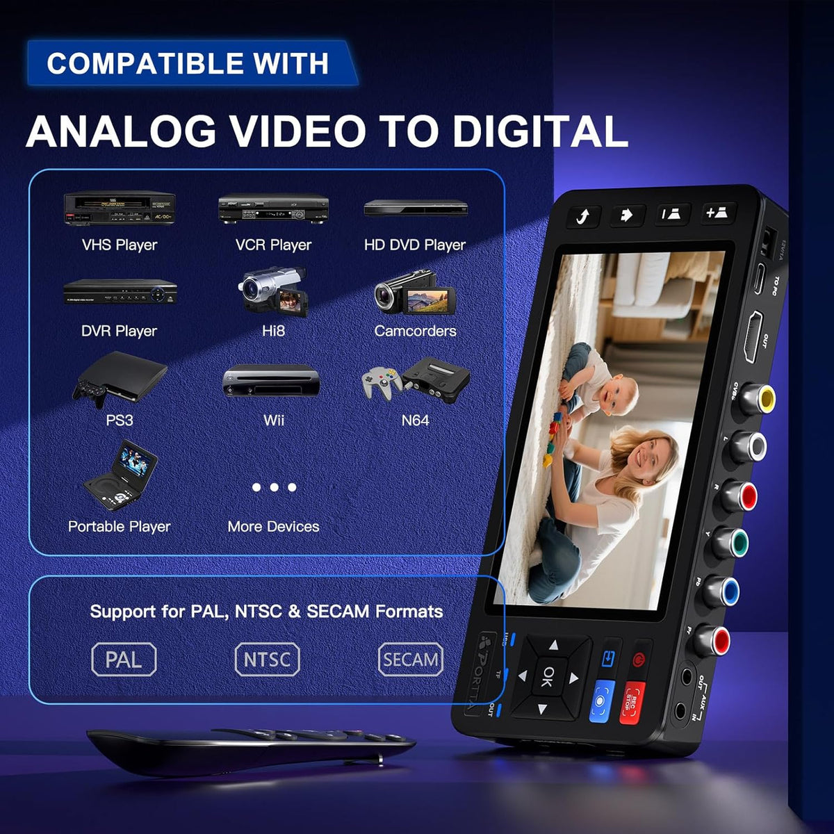 PORTTA VHS to digitale converter met 5 inch HD-scherm, video-opnamerecorder converteren naar MP4 compatibel met VHS, videorecorder, DVR, DVD, Hi8, Mini DV, camcorders, gameconsoles (tapes/dvd-speler