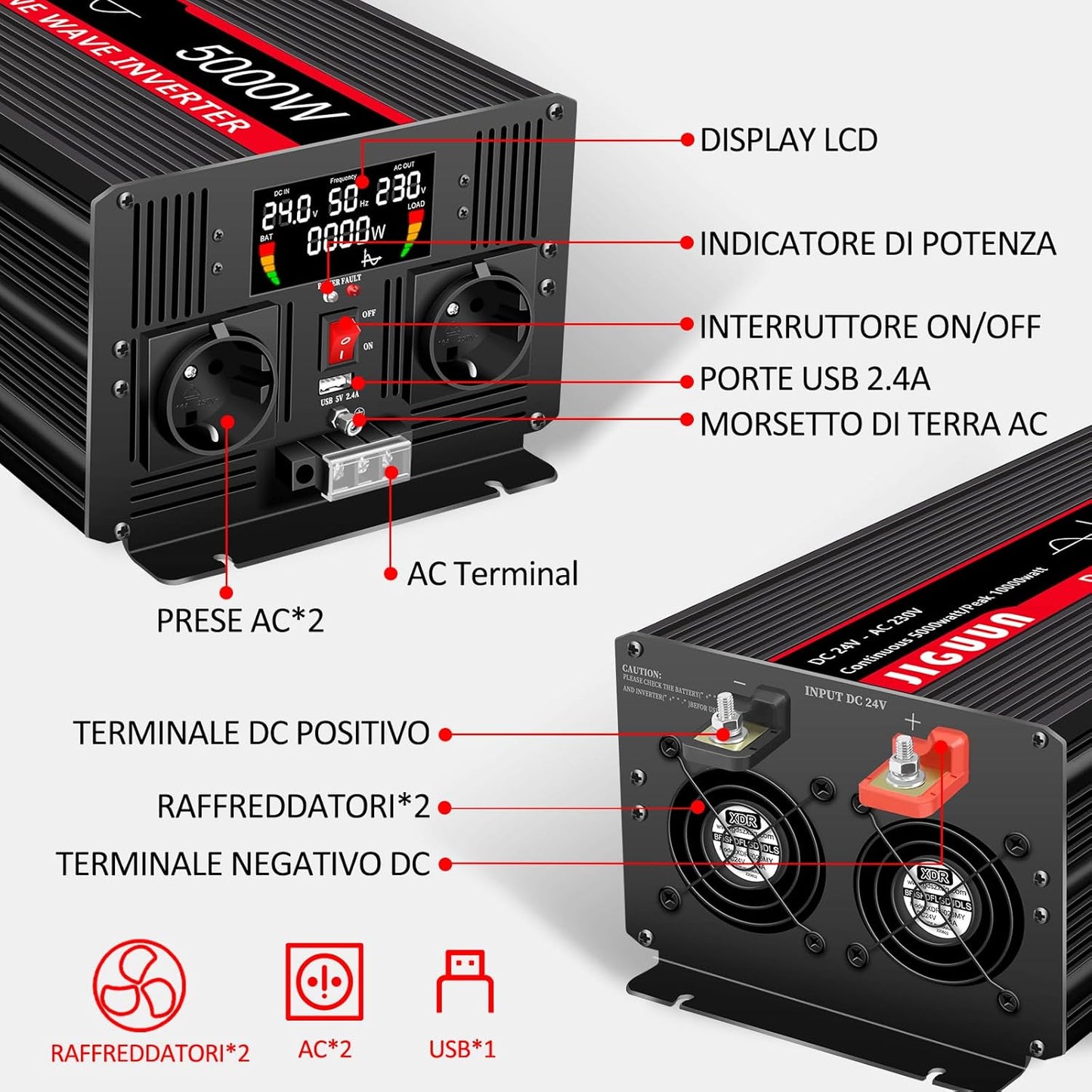 JIGUUN 5000W omvormer 24V naar 230V zuivere sinus power inverter met draadloze afstandsbediening LCD-scherm 2 Eu-stopcontact & 1 USB-poort Piekvermogen 10000W voor auto, camping, reizen,noodgeval