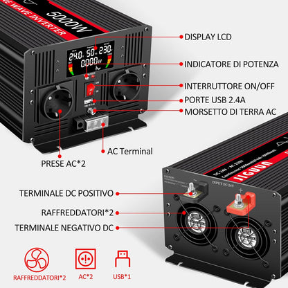 JIGUUN 5000W omvormer 24V naar 230V zuivere sinus power inverter met draadloze afstandsbediening LCD-scherm 2 Eu-stopcontact & 1 USB-poort Piekvermogen 10000W voor auto, camping, reizen,noodgeval