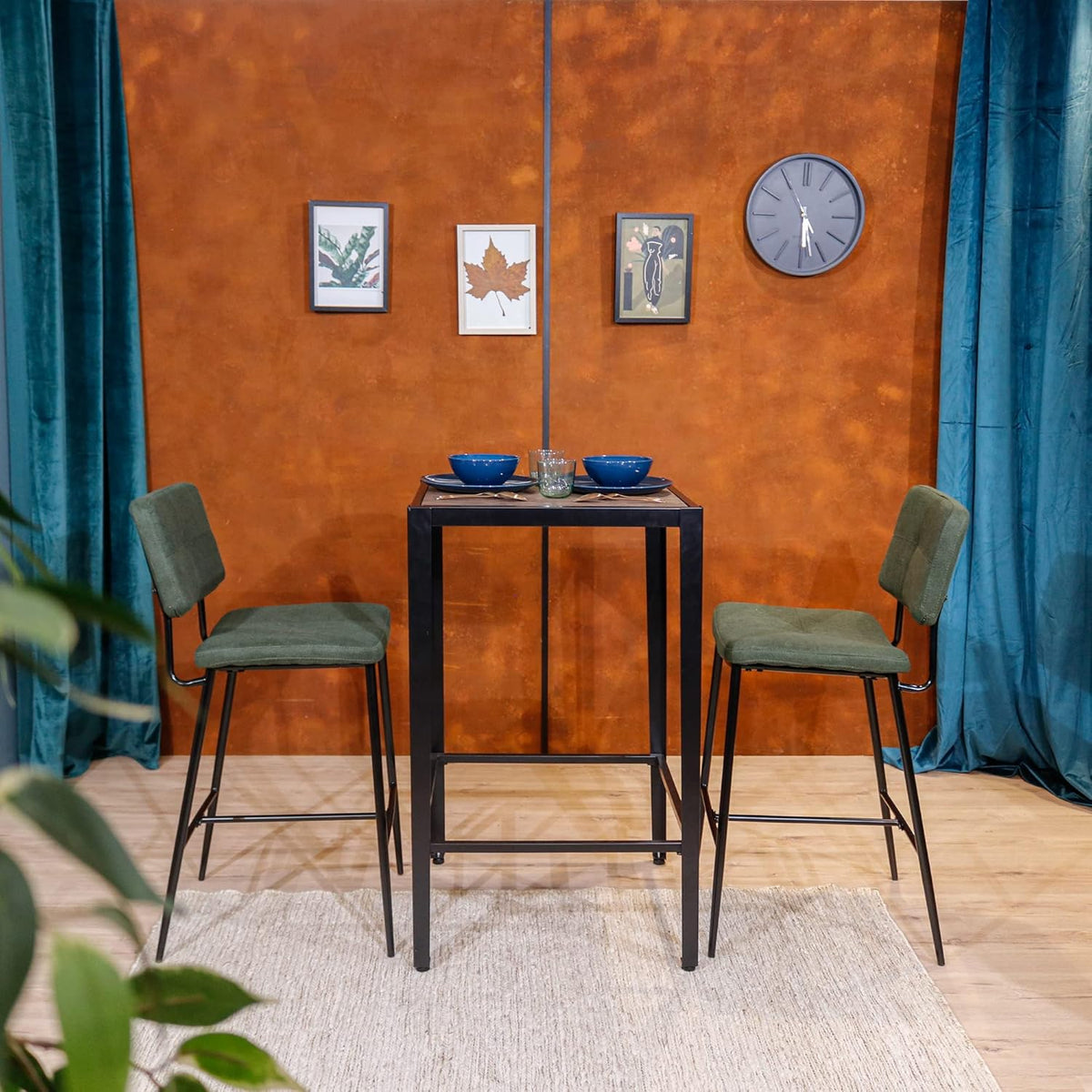 MEUBLE COSY Barkrukken, set van 2 barstoel, zithoogte 69 cm, met rugleuning en voetensteun van stof, barkruk, bistrokruk voor bar, bistro, café, keuken, groen, 46x52x99cm