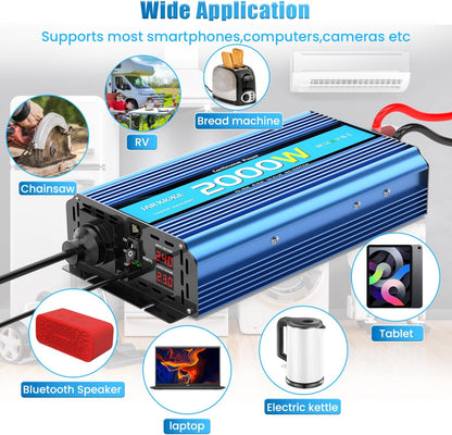 2000 W omvormer, 24 V naar 230 V, zuivere sinus, spanningsomvormer power inverter DC-omvormer met afstandsbediening, AC-stopcontacten, USB-poorten en beeldscherm, led voor camper