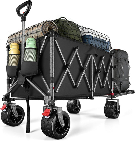 Heavy Duty opvouwbare campingwagenwagen, 120-160L capaciteit all-terrain strandtrolley met 10 inch wielen, inklapbare festival- en tuingereedschapskar