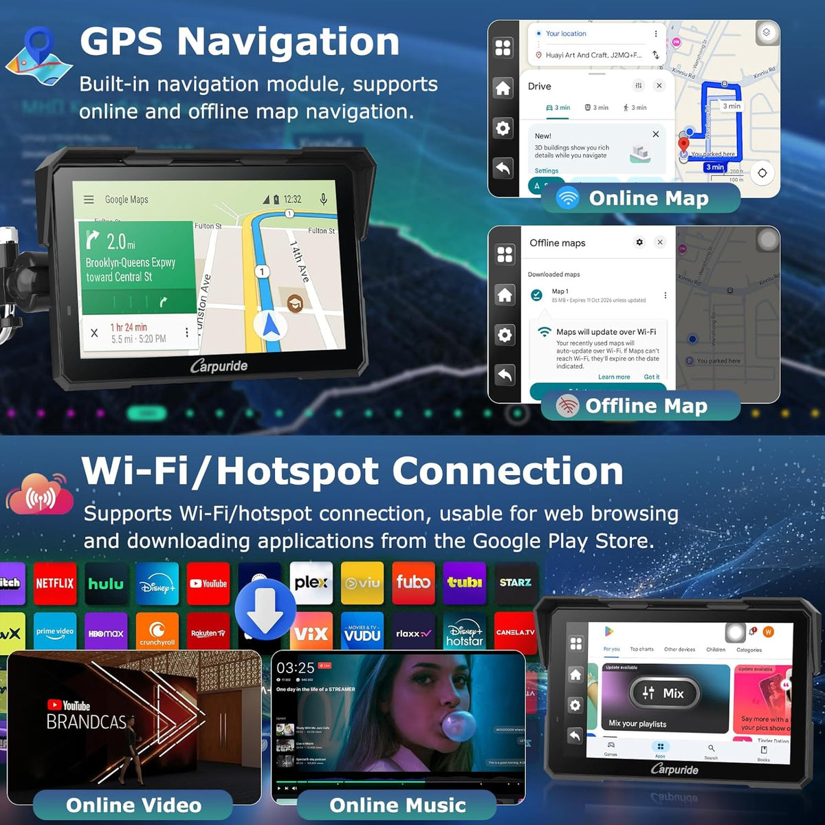 Motorfiets Navigatie – Motornavigatie – GPS Navigatie – CarPlay Scherm – Android Auto – 7 Inch Waterdicht Touchscreen – Dubbele 1080P Dashcam Voor en Achter