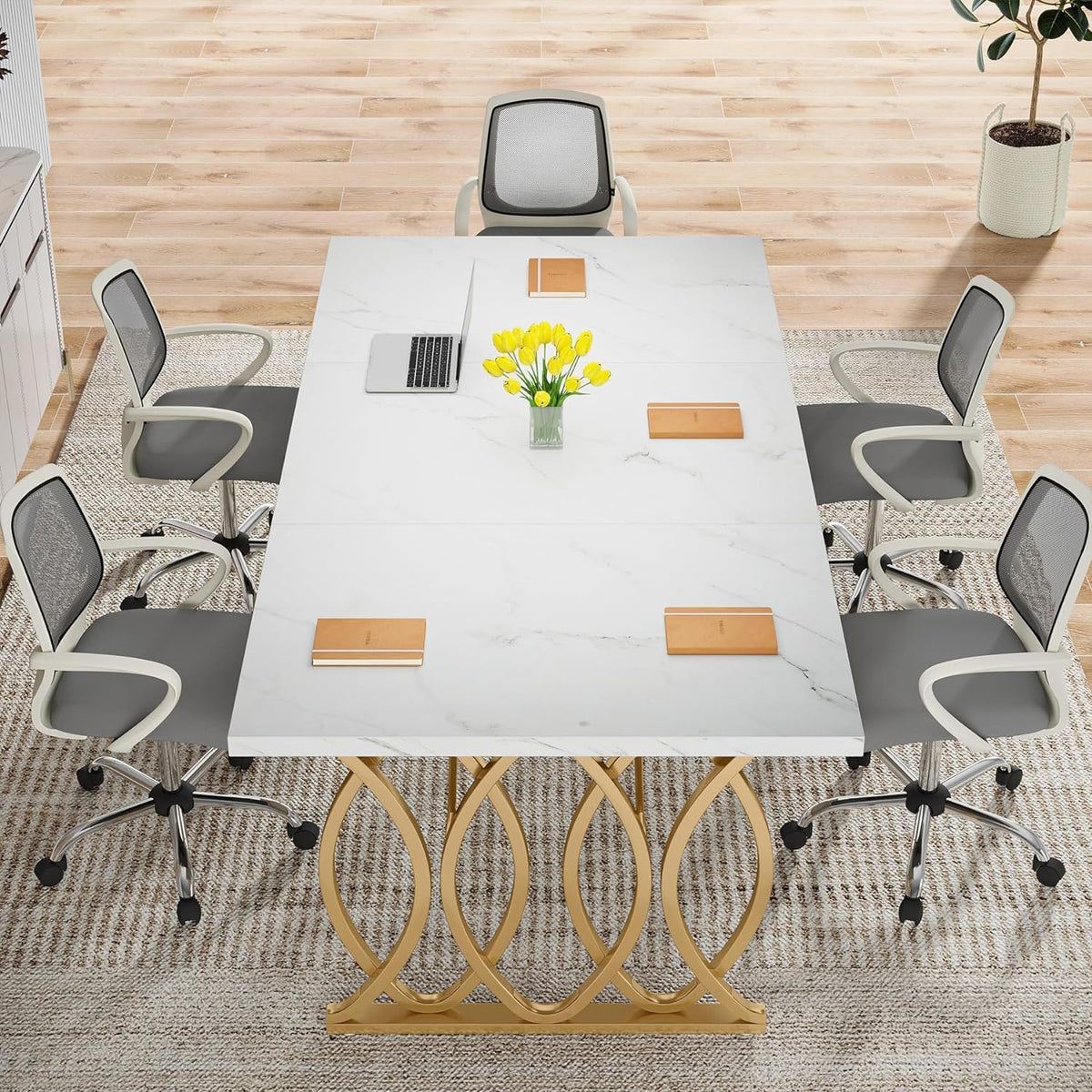 Tribesigns Executive Desk, 160 cm W Large Computer Desk, Modern Desk, Conference Table, Conference Table, Business Furniture for Home Office, White and Gold